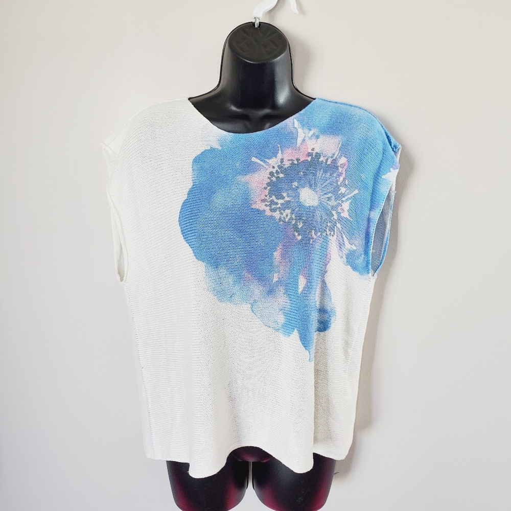 S2 Bianco & Blu Italy Floral Knitted Sleeveless Boho Cottage Blouse L